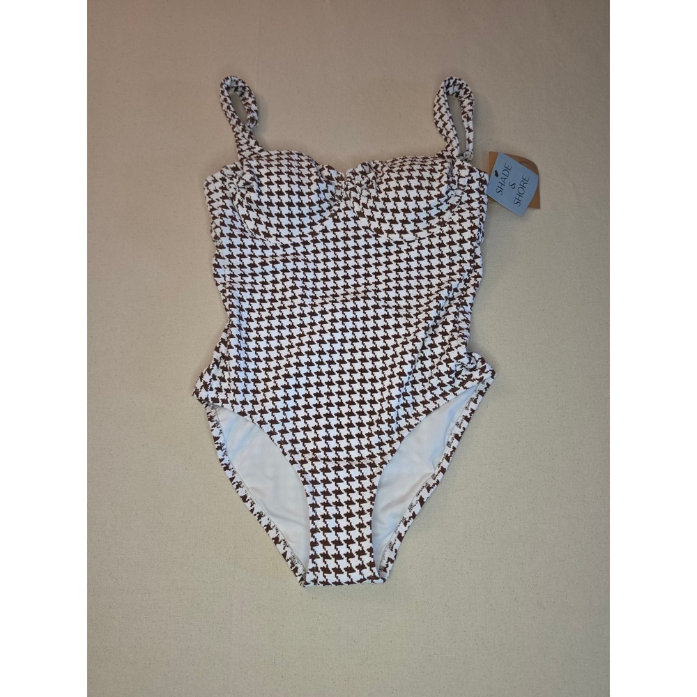 Shade & Shore Pucker Houndstooth One Piece Swimsuit Brown Small NWT